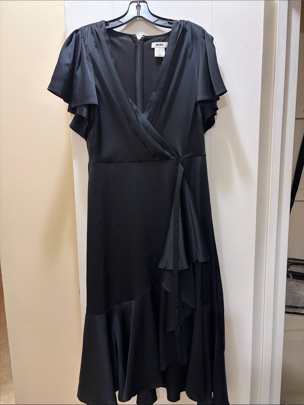 DKNY Black Wrap-Style Midi Dress with Flutter Sleeves